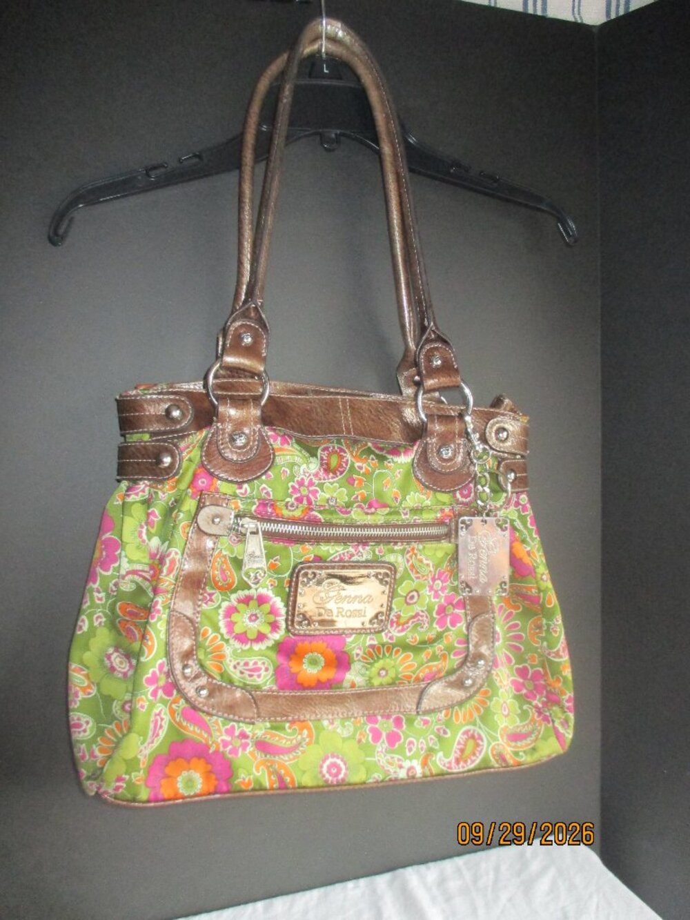 GENNA DE ROSSI FLORAL HANDBAG/BROWN LEATHER TRIM